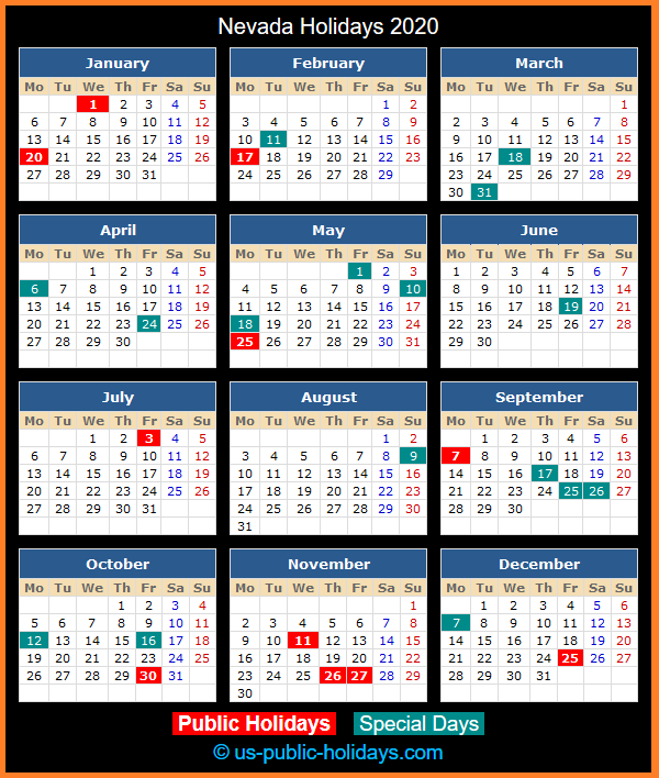 Nevada Holiday Calendar 2020